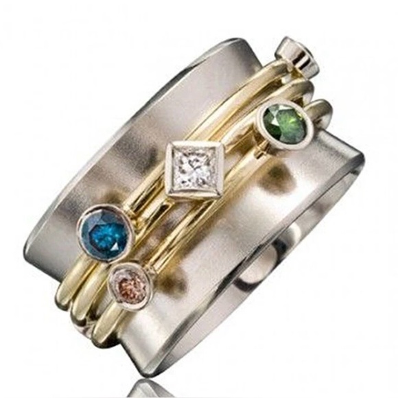 Jewelry - Chic Silver and Gold Gemstone Ring 925 🆕